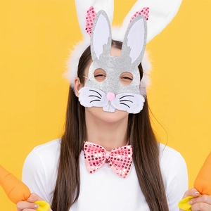 Easter bunny costume set with silver sequin mask, plush ears, and pink bow tie