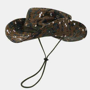 Detail of digital camouflage boonie hat featuring wide brim, chin strap and side vents
