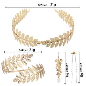 Golden bridal accessory set with leaf headband, arm cuff, earrings and hair pin dimensions