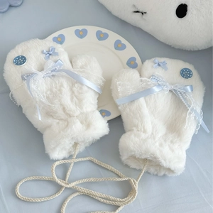 Winter plush white mittens with blue bow decoration and a convenient neck lanyard