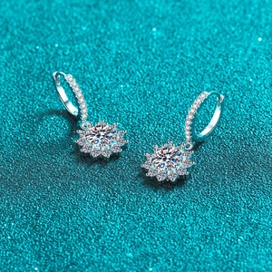 S925 Sterling Silver Sunflower Earrings with Moissanite Inlaid on Blue Background