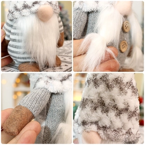 Handmade Christmas gnome plush with striped hat and wooden button details