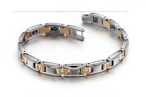 Detailed view of two-tone stainless steel magnetic bracelet with sparkling crystals