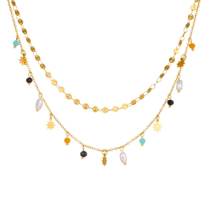 Double-layered gold chain necklace with colorful beads and star pendant on white backdrop