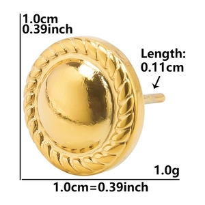 Macro detail of round gold earring with twisted rope border and dimension specs