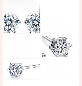 Detail of Moissanite D VVS1 grade stones and 925 sterling silver settings on stud earrings