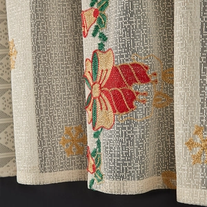 Christmas bell and snowflake embroidery on cream lace curtain for holiday decoration