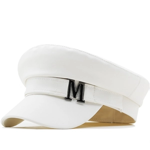 Women PU Leather Baker Boy Hat Vintage British Style White Military Cap With Gold Chain Metal M Logo Fashion Beret Accessory