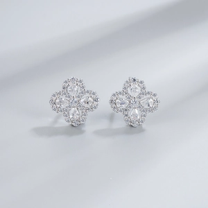 S925 sterling silver four-leaf clover stud earrings with sparkling cubic zirconia crystals