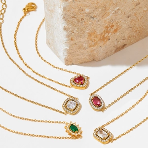 Vintage gold stainless steel heart and geometric necklaces with colorful zircon stones