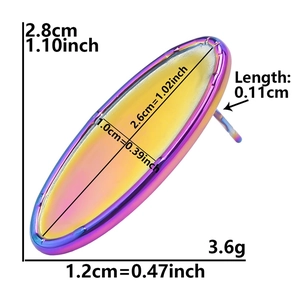 Detail view of oval rainbow stainless steel earrings with size measurements in cm and inches