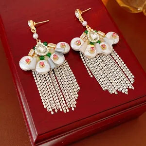 Vintage Palace Style Fan Shaped Dangle Earrings Multi Color Rhinestone Artificial Pearl With Silver Earring Post Tassel For Women