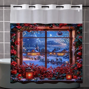 Rideau de douche de Noël avec paysage de village enneigé et lanterne à baies