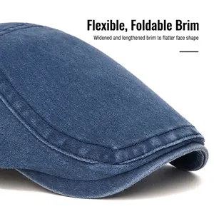 Classic dark blue denim beret with a flexible foldable brim and wide silhouette