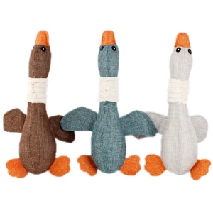Durable plush goose squeaky toys for dogs in brown, blue, and gray colors