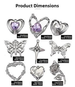 Tableau des tailles pour breloques cœur et papillon Y2K avec dimensions et diamètres de trou
