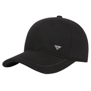Men's winter wool baseball cap in black with thermal ear protection and metal logo