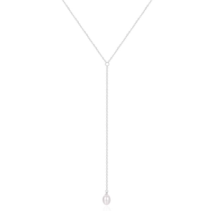 Macro detail of a minimalist silver Y-lariat necklace with a polished white pearl drop