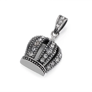 Polished silver stainless steel crown pendant necklace with sparkling rhinestones inlay