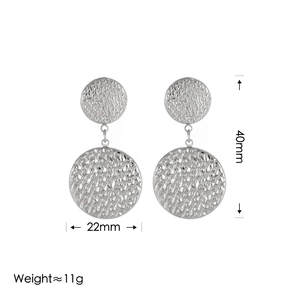 Silver textured stainless steel drop earrings with double circle hammered design