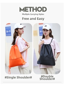 Detail showing orange and black drawstring backpacks with smooth Oxford fabric texture