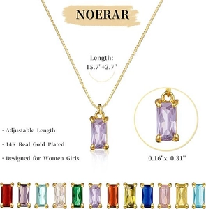 Detail showing 14K gold plated necklace with purple birthstone and 12 color options