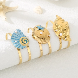 Ocean series stainless steel shell and starfish open bracelet with inlaid pearls