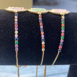 Adjustable gold bracelets with colorful zircon and Virgin Mary enamel pendants