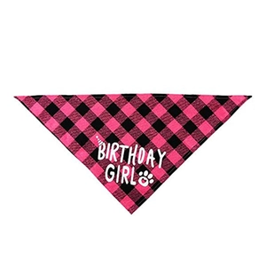 Detailed view of pink and black plaid dog birthday bandana with Birthday Girl print