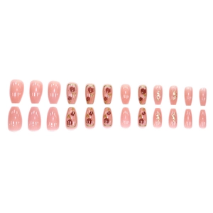 Faux ongles rose translucide avec feuilles d'or et motif floral, ensemble de 24 pièces