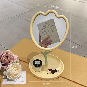 Detailed view of yellow tulip makeup mirror with puppy tray and size dimensions
