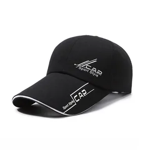Side view of black sports baseball cap with white Sport Style embroidery and long brim