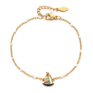 Detail of a gold stainless steel beaded bracelet featuring a colorful sailboat charm
