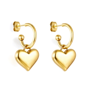 Minimalist gold heart drop earrings with polished stainless steel hoop design