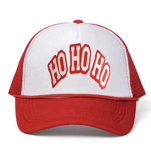 Adjustable red and white Christmas trucker hat featuring Ho Ho Ho festive print