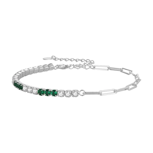 Bracelet Rivière en Argent Sterling 925 pour Femme Chaîne Trombone Strass Blancs et Verts Bracelet Ajustable Bijoux