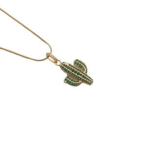 Gold-plated cactus pendant necklace with sparkling green zircon stones on fine chain