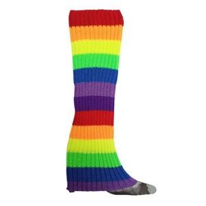 Detailed close-up of rainbow striped knit leg warmers on a display model for JK style fashion
