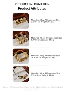 Detailed size chart for vintage leopard print earrings, bracelet, and heart necklace set