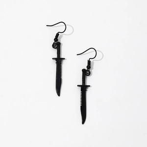Gothic punk black dagger earrings for men with vintage jagged blade design on white background