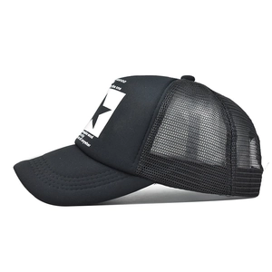 Black vintage trucker hat with 3D star patch and mesh back shown from a 45-degree angle