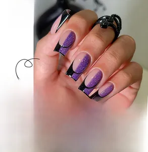 Detail of JP3061 long square press-on nails with purple glitter and black splice design