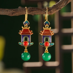 Retro Chinese style palace earrings with hollow enamel pavillion and green jade beads