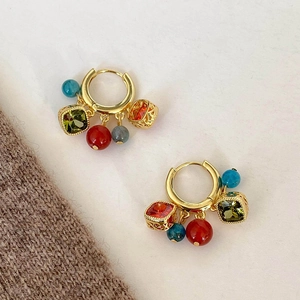 Vintage Ethnic Hoop Earrings With Agate Zircon Charms Alloy Gold Plated Colorful Bohemian Jewelry With Steel Earring Post