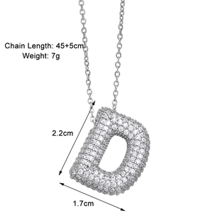 Silver letter D pendant necklace with zircon paving and dimensions 45+5cm and 7g