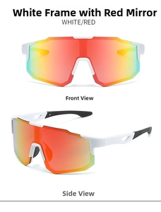 Front and side view of white sports sunglasses with red mirrored lenses and non-slip pads