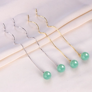 925 Sterling Silver Aventurine Jade Ear Threaders For Women Elegant Long Tassel Wave Chain Drop Earrings Green Stone Jewelry