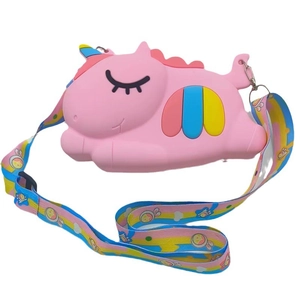 Pink unicorn silicone crossbody bag for girls with colorful strap and sensory pop bubbles
