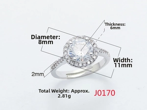 Detail showing 8mm zircon center stone dimensions on an adjustable silver halo ring