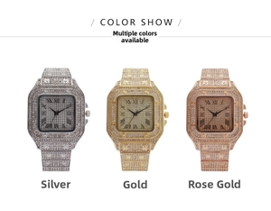 Detailed comparison of square iced-out quartz watches in silver, gold, and rose gold finish